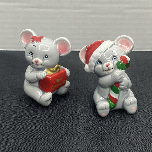 Vintage Russ Berrie Small Figurines Mouse Mice Merry Christmas Set of 2 Ceramic - Picture 1 of 10